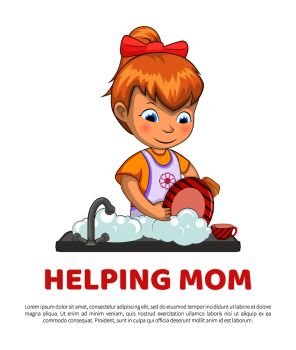 Poster and text sample lettering, girl helping mom with chores and duties around house vector illustration isolated on white background. Helping Mom Poster and Text Vector Illustration