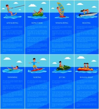 Swimming and boating, jet ski and banana boat, kitesurfing and windsurfing, water sport posters set, vector illustration, surfing, active rest. Swimming and Boating, Jet Ski and Banana Boat