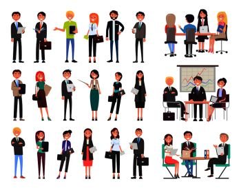 Business people collection wearing formal suits and dresses, meeting seminars, workshops planning of new projects set isolated on vector illustration. Business People Collection Vector Illustration