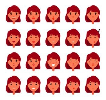 Woman emotions emoji of girl in good and bad mood, happy and depressed, sleepy and irritated female head vector illustration isolated on white big set. Woman Emotions Vector Emoji of Girl Good Bad Mood