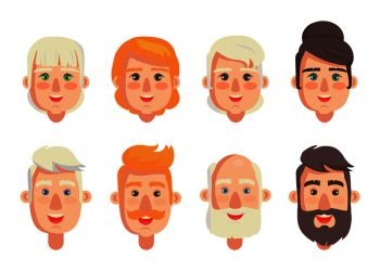 Human constructor head with different hairstyles vector illustration of men and women, various color of hair, male with beard and moustache isolated. Human Constructor Head Different Hairstyles Vector