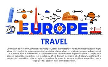 Europe travel promotional banner with sample text. Journeys around world commercial poster that has famous sights on it cartoon vector illustration.. Europe Travel Promotional Banner with Sample Text