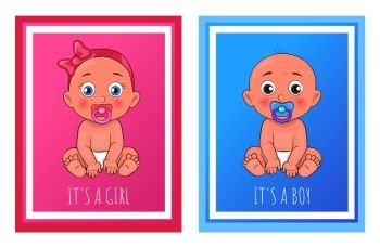 Its a boy and girl posters set newborn toddlers with pacifier in mouth and dressed in diapers vector illustration of bold infants isolated in frame. Its a Boy and Girl Posters Set Newborn Toddlers