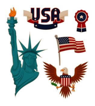 USA national symbolisms color, vector illustration Statue of liberty, flag image near eagle with shield, bundle stripes and ribbon, badge symbols. USA National Symbolism Color Vector Illustration
