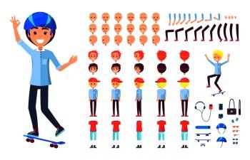 Skater constructor collection, builder of teenager with headphones and mp3, handbag and mobile phone, camera and body parts, set vector illustration. Skater Constructor Collection Vector Illustration