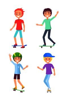 Skating boys isolated on white background vector illustration of youths skateboarders, happy people images, smiling children doing sport exercises. Skating Boys Set Isolated on White Background