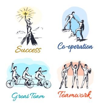 Success and co-operation set of posters great team and teamwork, collection of banners with headlines, people working together vector illustration. Success and Co-operation Set Vector Illustration