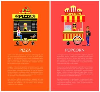 Pizza popcorn collection of posters with headlines editable texts, sellers and buyers, mobile street shops, products in vans isolated vector set. Pizza and Popcorn Collection Vector Illustration