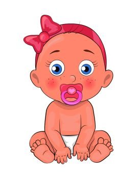 Newborn girl toddler with pacifier in mouth and dressed in diapers vector illustration of bold infant male isolated on white background, little baby. Newborn Girl Toddler Pacifier in Mouth and Diapers
