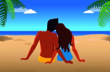 Couple in love sits on sandy beach and looks at blue deep ocean among tropical palms and sky with white clouds vector illustration.. Couple Sits on Beach and Looks at Blue Deep Ocean