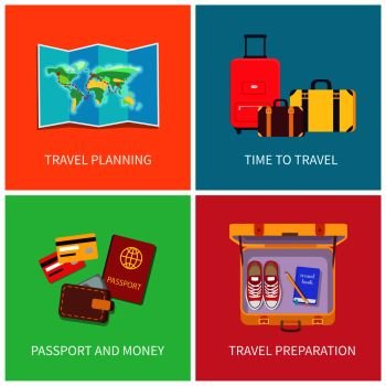 Travel planning banners set, preparation for journey, paper map, luggage collection, passport and wallet, credit cards, shoes vector illustration. Travel Planning Banners Set Vector Illustration
