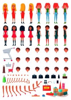 Shopaholic girls animated character constructor with shopping bags. Women spare body parts and purchases. Full packets vector set. Shopaholic Girls Animated Character Constructor