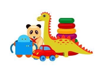 Panda and dinosaur set, collection with toys, circles and robot, car and items for children, vector illustration isolated on white background. Panda and Dinosaur Toys Set Vector Illustration