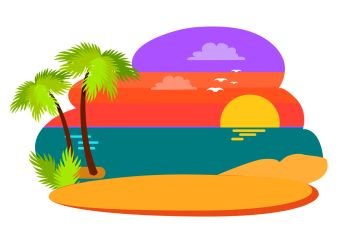 Coast in summertime season evening summer seaside with sunset and reflection on the water, palms and birds vector illutration isolated on white background. Coast in Summer Season Evening Vector Illutration