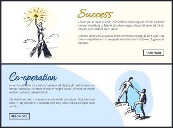 Success co-operation web sites text easy to edit and buttons, set of online successful teambuilding posters vector illustration isolated on white. Success and Co-operation Web Vector Illustration
