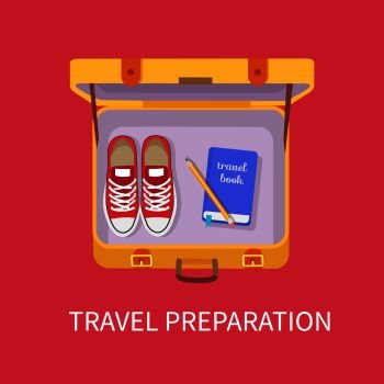 Travel preparation poster with luggage containing shoes sneakers book and pen for writing, baggage personal belongings isolated on vector illustration. Travel Preparation Luggage Vector Illustration