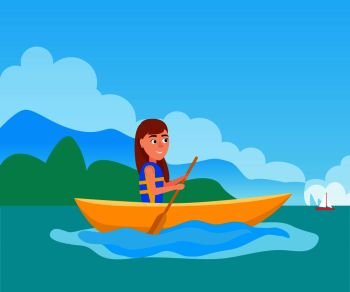 Kayaking girl sitting in boat and holding oar, summer sport activity outside, vector illustration at background of coastline in sea. Kayaking Girl Sitting in Boat Vector Illustration