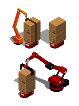 Manufacturing process of boxes, red devices and equipments with containers goods transportation vector illustration, isolated on white background. Manufacturing Process of Boxes Vector Illustration