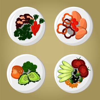 Dish collection plates set vegetable food with pepper and broccoli, tomato near cucumber vegetarian products vector illustration isolated on grey.. Dish Collection Plates Set Vector Illustration