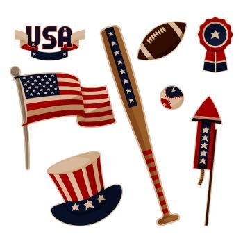 America symbols collection vector baseball bat national american flag and uncle Sam hat, label stickers, football game balls, patriotic accessories. American Symbols Collection Vector Illustration