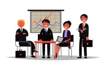 Business communication people, woman and businessmen holding documents papers, wearing formal wear, giving presentation with chart vector illustration. Business Communication People Vector Illustration