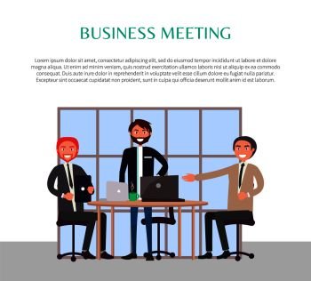 Business meeting poster text sample, headline and people wearing suits, official formal wear, friendly employees sitting by table vector illustration. Business Meeting Poster Text Vector Illustration