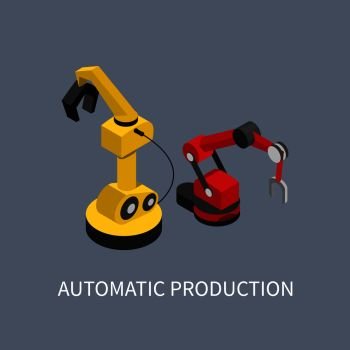 Automatic production abstract factory illustration, isolated on grey backdrop vector banner with yellow and red smart robots using in auto production. Automatic Production Abstract Factory Illustration