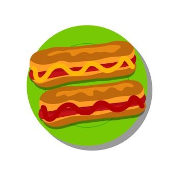Pair of delicious hot-dogs, vector illustration isolated on bright backdrop, ketchup and mustard stripes, green plate, tasty sandwiches, hot-dog buns.. Pair of Delicious Hot-dogs, Vector Illustration