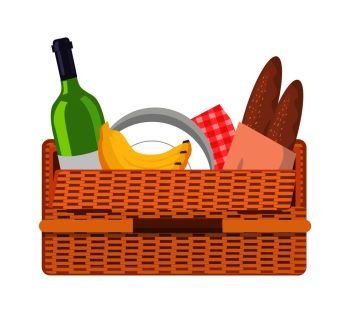 Picnic basket with food set, glass bottle of wine, bread and banana near plastic plates, checkered tablecloth isolated cartoon vector illustration.. Picnic Basket with Food Set Vector Illustration