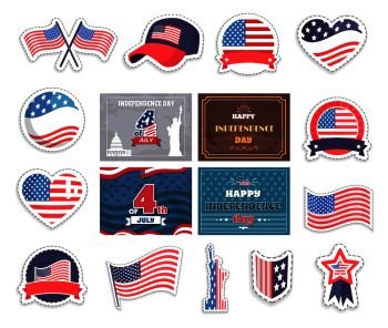 Fourth of july happy independence day in america, USA national holiday vector illustration, different patriotic symbols collection, american flags set. Fourth of July Happy Independence Day in America