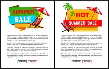 Hot summer sale promotional vertical banners set. Recliner and umbrella on commercial poster for summertime price off. Seasonal discount vector illustrations.. Hot Summer Sale Promotional Vertical Banners Set