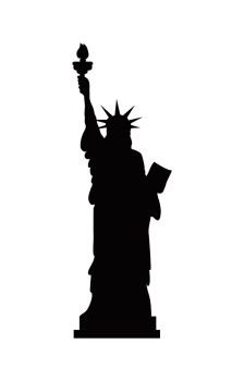 American Statue of Liberty on cubic stand black monochrome silhouette. Monument represented by woman in crown with torch and parchment isolated flat vector. American Statue of Liberty Stand Black Silhouette