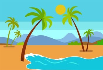 Coastline seaview poster tropical beach, sea sand and palm trees, mountains under blue sky, exotic lagoon on tropic island vector summer ideal resort. Coastline Seaview Poster Tropical Beach, Sea Sand