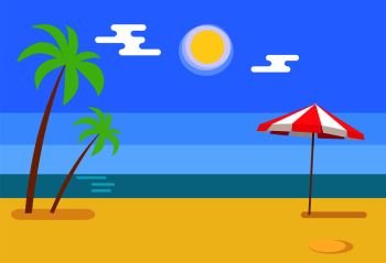 Tropical island seashore hot sand and blue water, exotic beach with palm trees near umbrella, vector illustration of shoreline summer resort. Tropical Island with Seashore Hot Sand Blue Water
