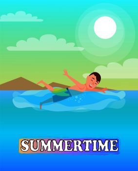 Swimming sport, man swims in blue sea at coastline, person and water, vector illustration summertime activity, swimmer who wears trunks on seaside.. Swimming Sport Activity, Man Swims in Blue Sea