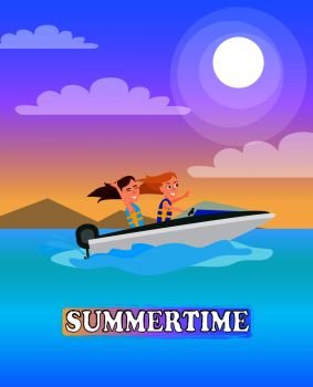 Summertime poster boating activity in summer, girls having fun while riding boat, modern vessel on water of sea, seasonal sport, vector at coastline.. Summertime Poster Boating Activity Summer Vector