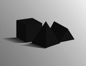 Square pyramid, tetrahedron triangular prism and cube 3D geometric black shapes isolated on grey. Three dimensional figures vector illustrations.. Square Pyramid, Tetrahedron, Cube Geometric Shapes