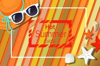 Hot summer days banner with striped blanket on sand, stylish sunglasses and straw hat. Summertime composition promotional poster vector illustration.. Hot Summer Days Banner with Sunglasses and Hat