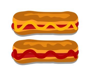 Hot dogs collection with sauce mustard or ketchup, product made of bun and sausage, food dishes vector illustrations set isolated on white background.. Hot Dogs Collection with Sauce Vector Illustration