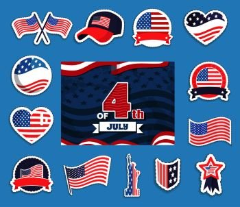 Fourth of July independence day cards and stickers with flag of United States, cap having symbolic pattern, statue of Liberty vector illustration. Fourth of July Independence Vector Illustration