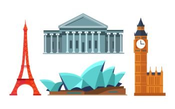 Eiffel tower and Sydney Opera Theatre, Big Ben in London, Capitol of United States, famous world landmarks attractions, collection vector illustration. Eiffel Tower and Sydney Opera Vector Illustration