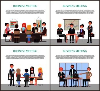 Business meeting banners with office workers set. Conference about new projects and startups that includes graphic presentations vector illustrations.. Business Meeting Banners with Office Workers Set