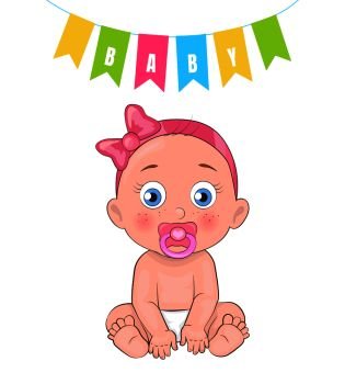 Baby girl poster newborn infant with pacifier in mouth, female with bow and decorative flags above, vector illustration of toddler in diapers isolated. Baby Girl Poster Newborn Infant Pacifier in Mouth