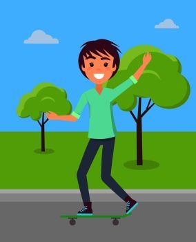 Teenager riding skateboard in summer park on background of green trees vector illustration. Skater skateboarder brunet boy greets you, rider guy.. Teenager Ride on Skateboard in Summer Park Vector