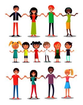 Kids and parents cartoon characters happy multinational people holding hands children and adults together vector illustration isolated on white background.. Kids and Parents Cartoon Characters Happy People