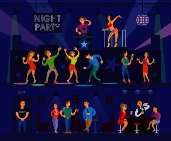 Night club party with modern DJ and go-go dancer. People that dance near stage and drink alcohol next to bar, interior cartoon vector illustrations.. Night Club Party with Modern DJ and Go-Go Dancer