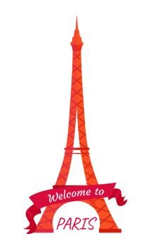 Welcome to Paris poster Eiffel Tower decorated by pink ribbon. Famous European architectural attraction. French popular sight and TV transmitter vector. Welcome to Paris Eiffel Tower Decorated by Ribbon