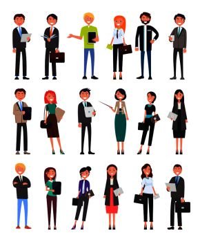 Entrepreneurs executive workers collection of men and women in expensive formal wear, with documents and digital devices in hands, vector illustration. Entrepreneurs Executive Workers Men and Women Set