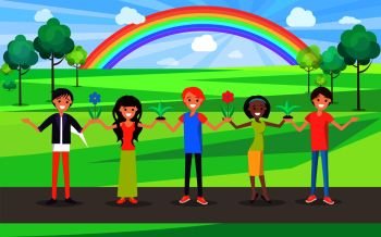 Happy people holding hands and celebrate international holiday world environment day vector on background of rainbow, June 5 ecology protection. Happy People Hold Hands Celebrate Environment Day