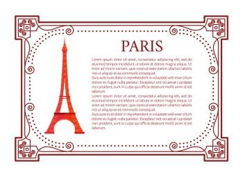 Paris poster Eiffel Tower in vintage frame with text sample. from Famous European architectural attraction. French popular sight and TV transmitter vector. Paris Poster Eiffel Tower Vintage Frame with Text